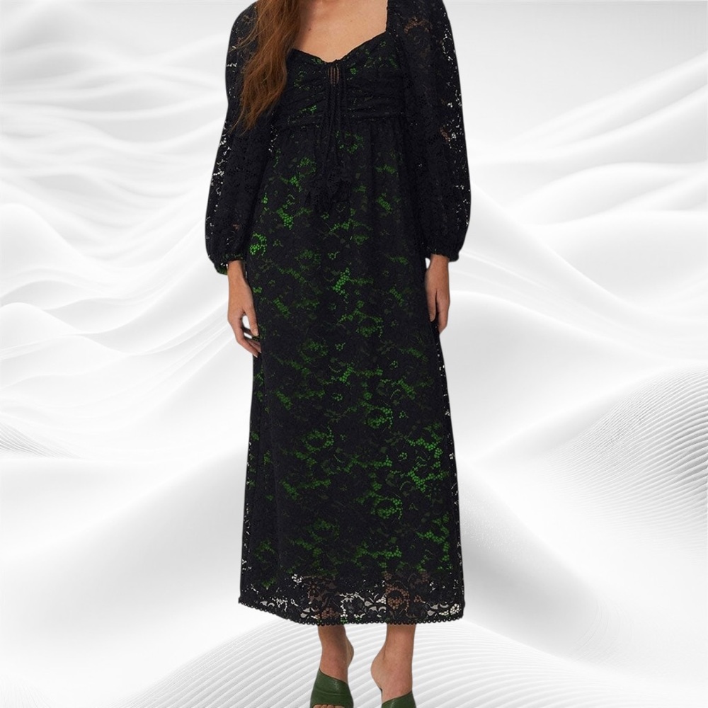 Farm Rio Black Lace Long Sleeveโ Midi Dress Medium NWT Green